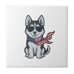 Vintage Patriotisk Husky Valp Vektor Design_1 Kakelplatta