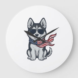 Vintage Patriotisk Husky Valp Vektor Design_1 Stor Klocka