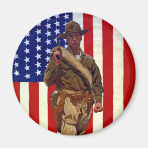 Vintage patriotisk soldat med amerikansk flagga magnet