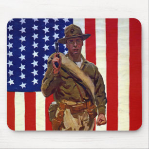 Vintage patriotisk soldat med amerikansk flagga musmatta