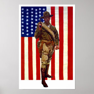 Vintage patriotisk soldat med amerikansk flagga poster