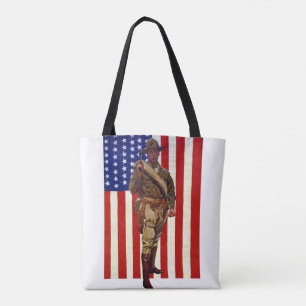 Vintage patriotisk soldat med amerikansk flagga tygkasse