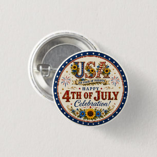 Vintage Patriotisk Solros 4:e Juli 250 År Knapp
