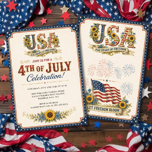 Vintage Patriotisk Solros USA 250 Års Fest Inbjudningar