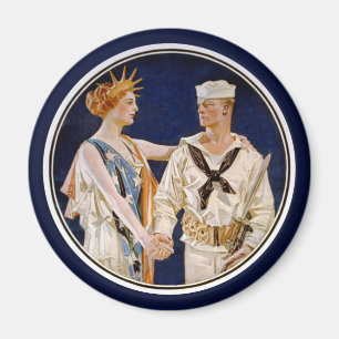 Vintage patriotism, damen frihet med sjöman i flot magnet