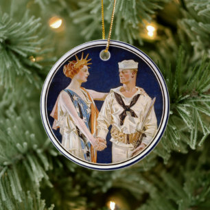 Vintage patriotism, damen frihet med sjöman julgransprydnad keramik