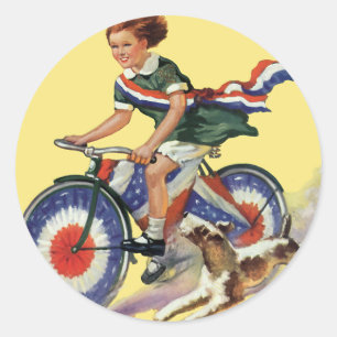 Vintage patriotism, flicka som cyklar på en patrio runt klistermärke