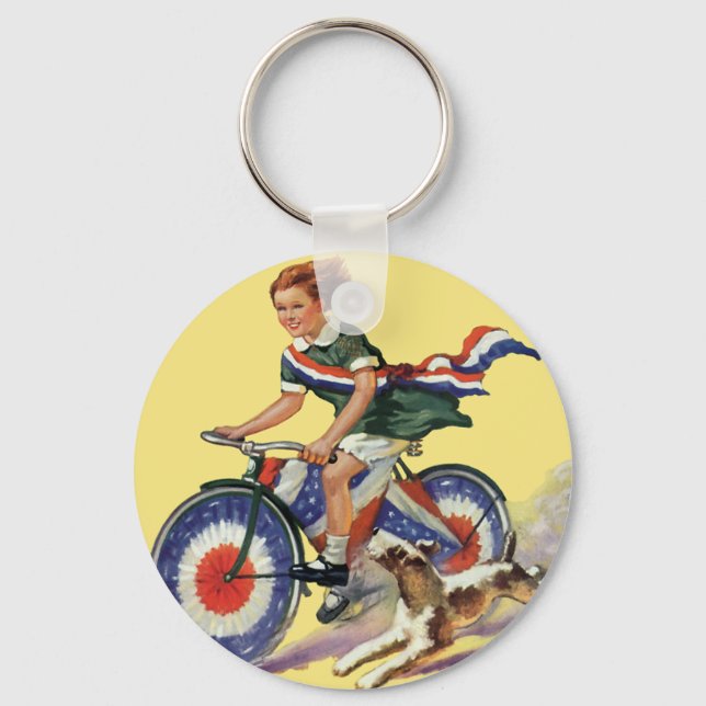 Vintage Patriotism, Girl Riding a Patriotic Bike Nyckelring (Framsida)