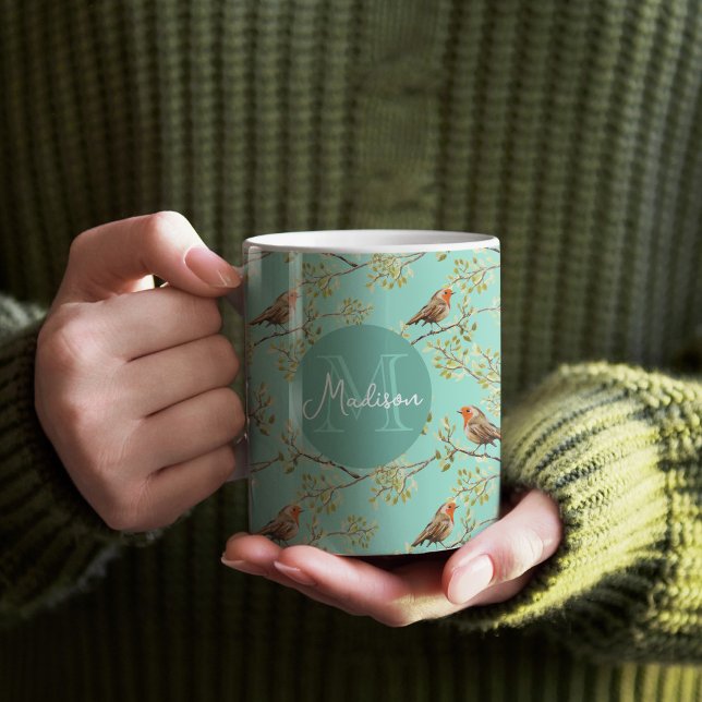 Vintage Paweed European Robin Bird Mönster Kaffemugg (Vintage Red Robin Pattern Mug with Monogram (add your Initial, Name & choose a background colour))
