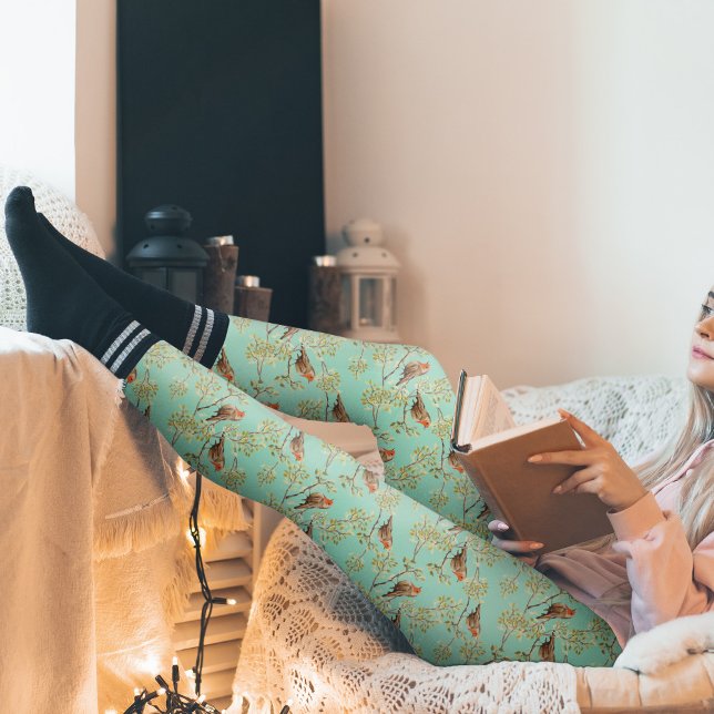 Vintage Paweed European Robin Bird Mönster Leggings (Vintage Red Robin Pattern Leggings (choose your own background colour))