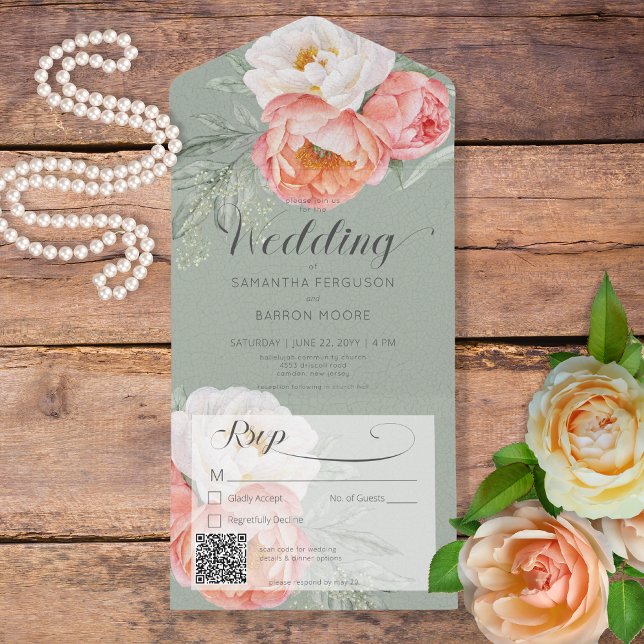 Vintage Peach Peonies on Sage Grönt QR Code (Skapare uppladdad)