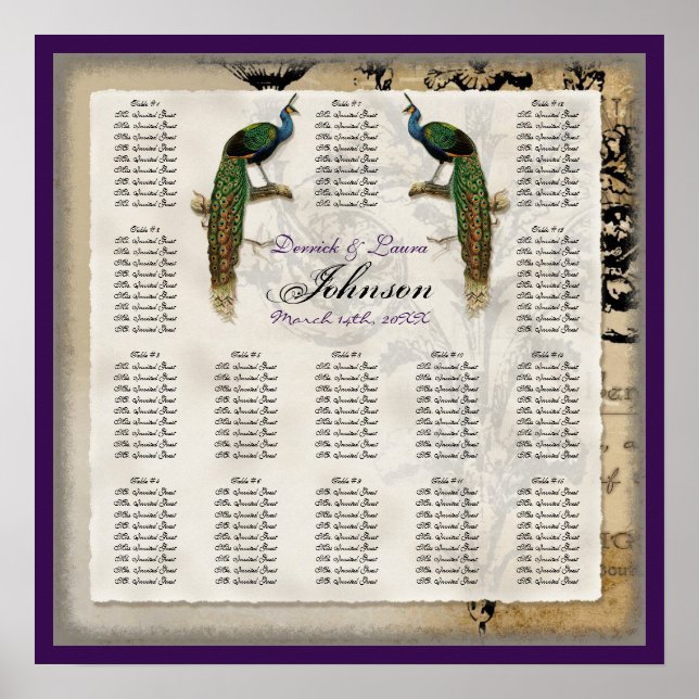 Vintage Peacock 6 - Mottagande Bord-sätesdiagram Poster (Framsidan)