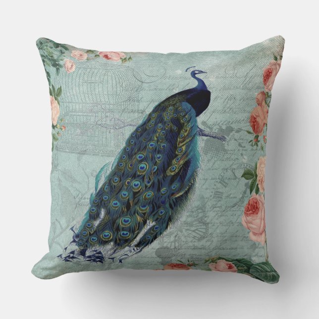 Vintage Peacock and Ro Illustration Kudde (Framsida)