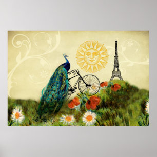 Vintage Peacock Art med Eiffel Torn Poster