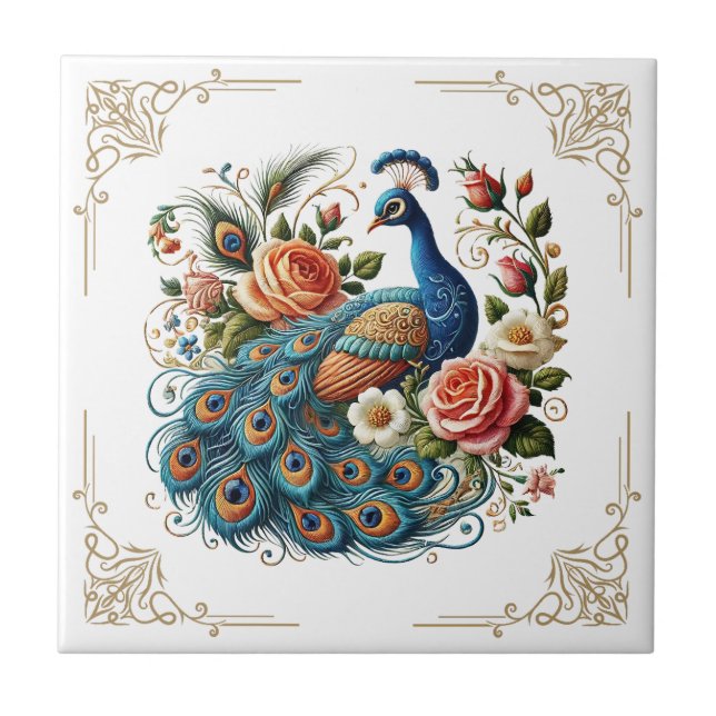 Vintage Peacock Bird Blommigt Art Ceramic Tiles Kakelplatta (Framsidan)
