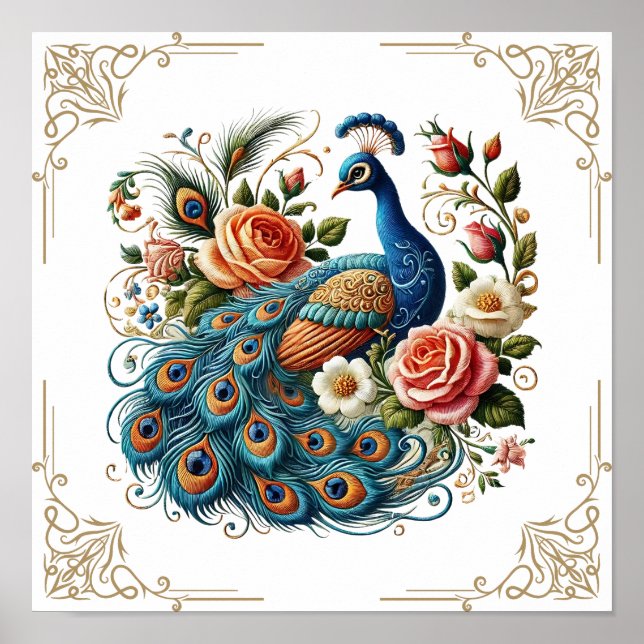 Vintage Peacock Bird Blommigt Poster (Framsidan)