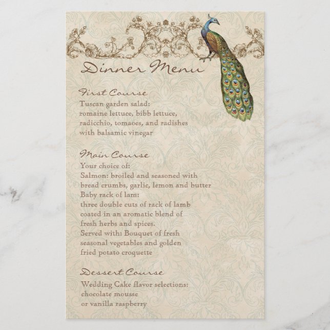 Vintage Peacock Black, Middag Menu Lakan (Framsida)