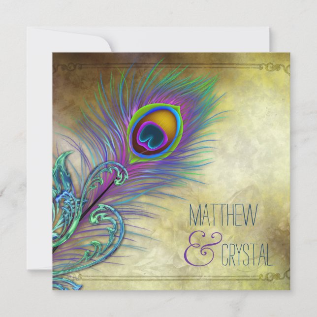 Vintage Peacock Bröllop Inbjudningar (Framsida)