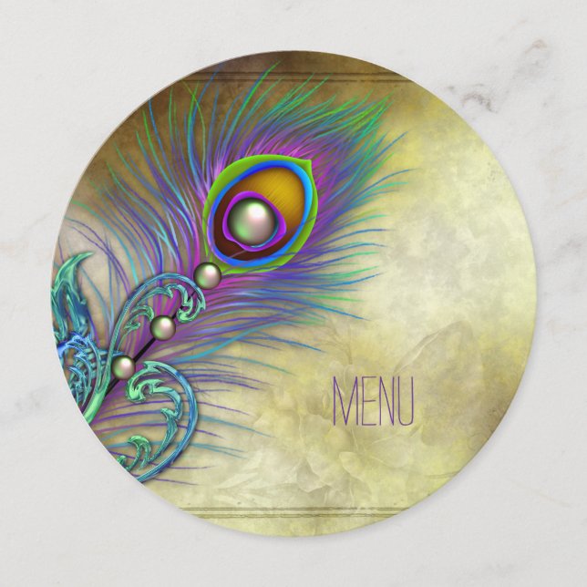 Vintage Peacock Bröllop Menu Meny (Framsida)