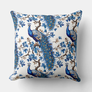 Vintage Peacock China Navy Blue Blommigt Vår Kudde