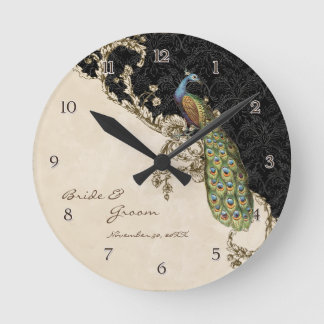 Vintage Peacock & Etchings Personlig Bröllop Rund Klocka