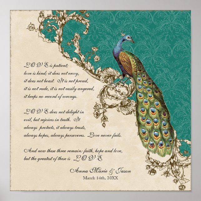 Vintage Peacock & Etchings - Personligen Bröllop Poster (Framsidan)