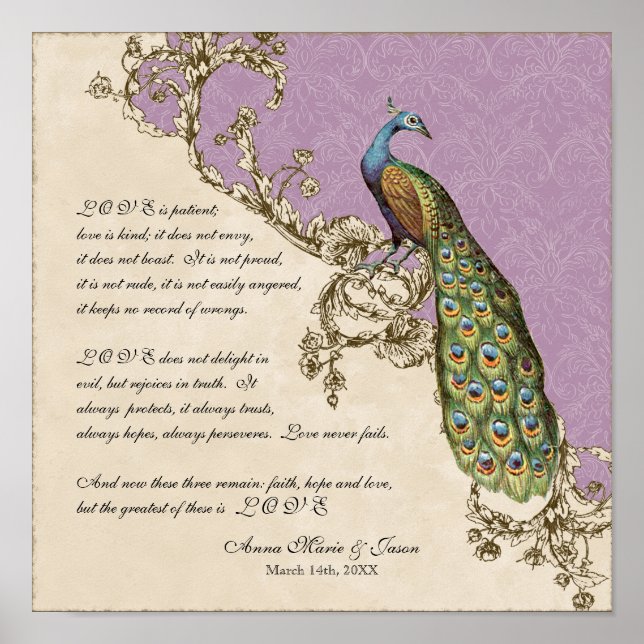 Vintage Peacock & Etchings - Personligen Bröllop Poster (Framsidan)