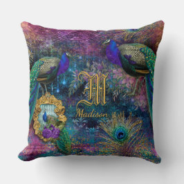 Vintage Peacock Feather Glitter Monogram Namn Kudde