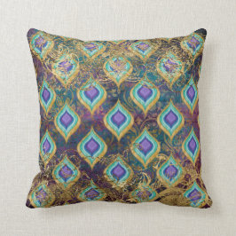 Vintage Peacock Feather Gold Foil Scrollwork IKAT Kudde