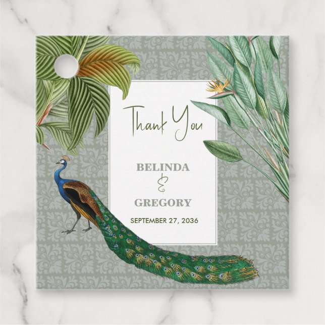 Vintage Peacock Feather Tropical Greenery Bröllop Gåvor Etiketter (Framsida)