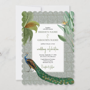 Vintage Peacock Feather Tropical Greenery Bröllop Inbjudningar