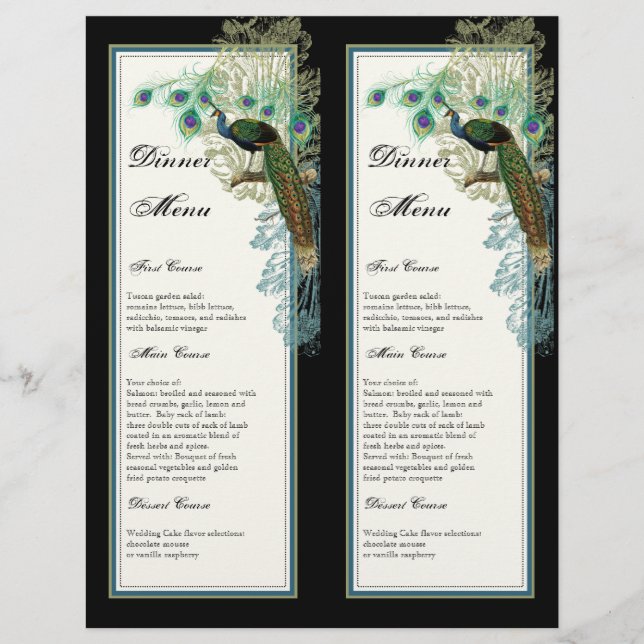 Vintage Peacock, Feathers, 2 up, Middag Menu Lakan (Framsida)