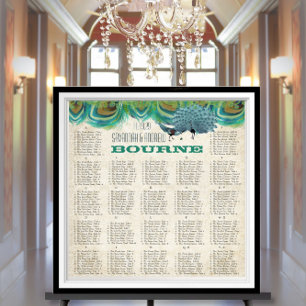 Vintage Peacock Feathers Bröllop Sittdiagram Poster