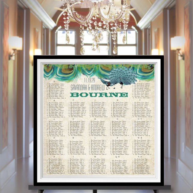 Vintage Peacock Feathers Bröllop Sittdiagram Poster (To see frame pricing, please enter your frame and mat options.)