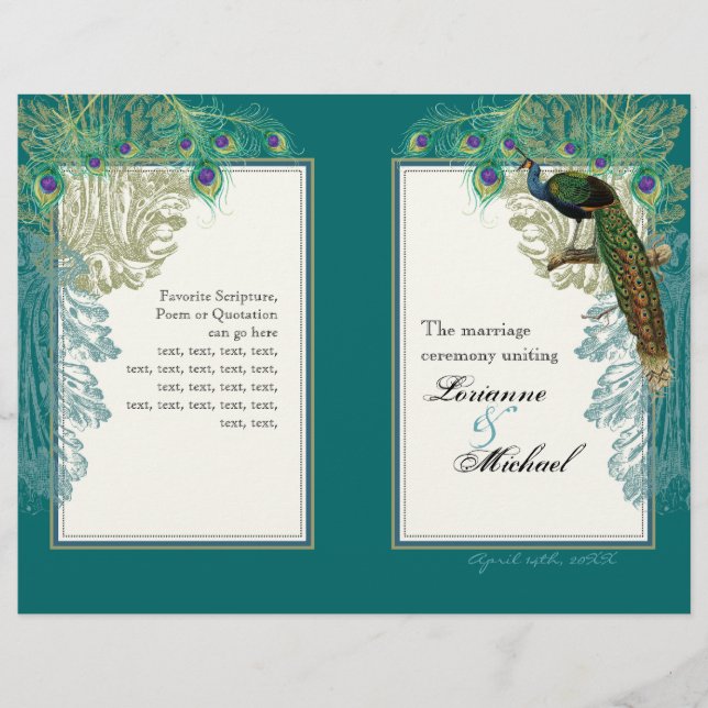Vintage Peacock, Feathers - Bröllopsprogram (Framsida)