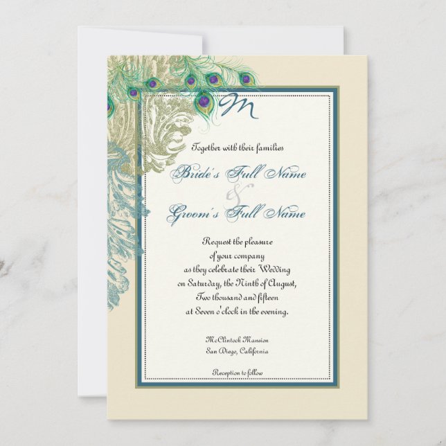 Vintage Peacock, Feathers n Etchings - Inbjudan (Framsida)