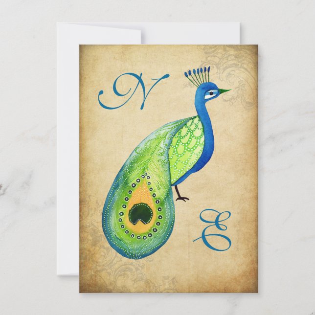 Vintage Peacock Flourish Bröllop Monogram Inbjudan (Framsida)