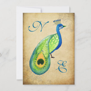 Vintage Peacock Flourish Bröllop Monogram Inbjudan