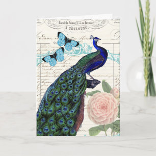 Vintage Peacock Fransk Ephemera Collage Birthday Kort