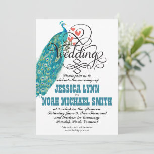Vintage Peacock Hearts Teal and Coral Call Inbjudningar