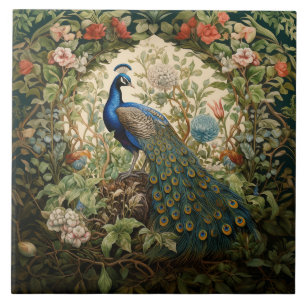 Vintage Peacock i en William Morris Garden Kakelplatta