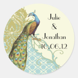 Vintage Peacock Lagoon Damask Sticker Runt Klistermärke