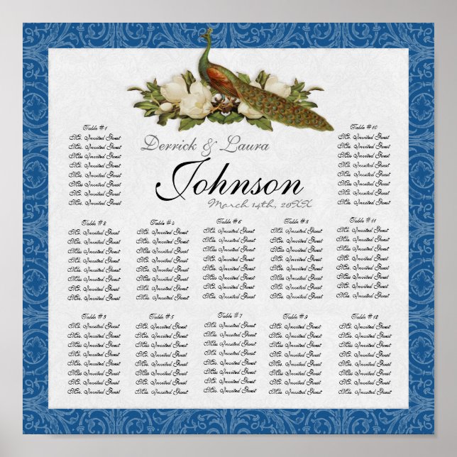 Vintage Peacock Magnolia Swirl Blommigt Damask Poster (Framsidan)