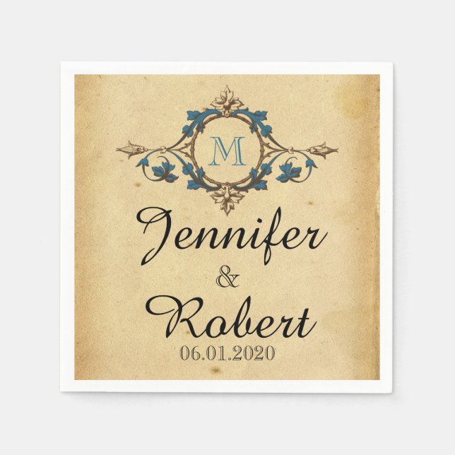 Vintage Peacock Monogram Bröllop Napkin Pappersservett (Framsidan)