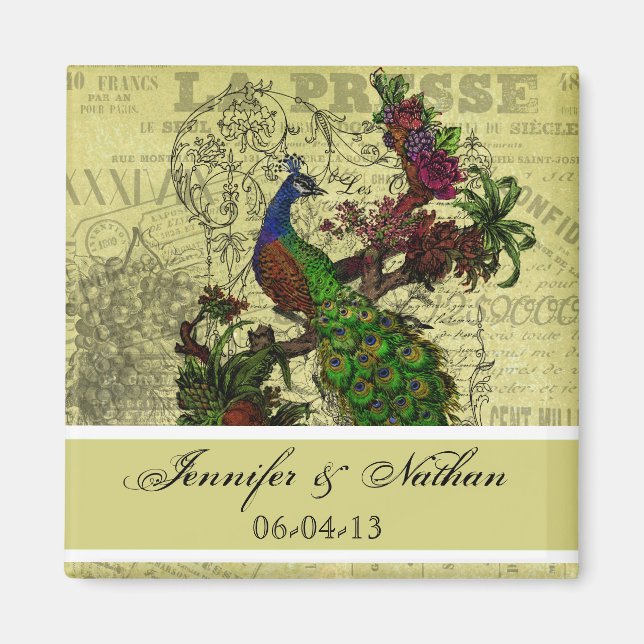 Vintage Peacock Namn och Date Magnet (Framsidan)