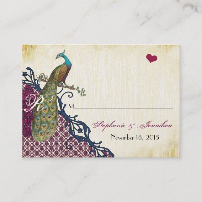 Vintage Peacock Navy Raspberry Damaskakort Placeringskort (Framsida)