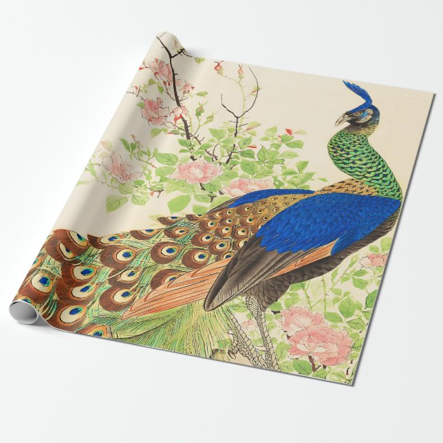Vintage Peacock- och blommålning Presentpapper (Utrullad)