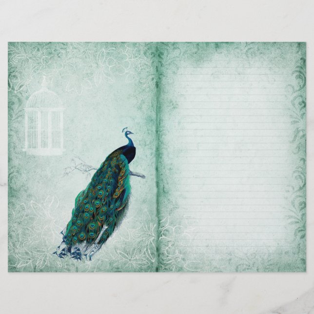 Vintage Peacock Vår Grönt Journal sida (Framsida)