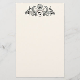 Vintage Peacocks Monogram Elfenben BG Brevpapper