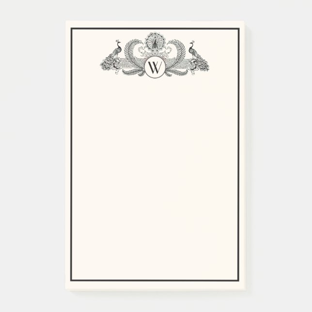 Vintage Peacocks Monogram Elfenben BG Post-it Block (Framsida)